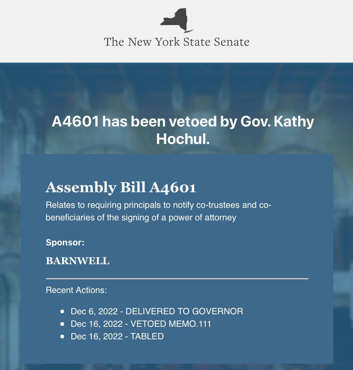 Good News: Gov. Hochul Vetoed NY Power of Attorney Bill Requiring Notice to Co-Trustee or Co-Beneficiary